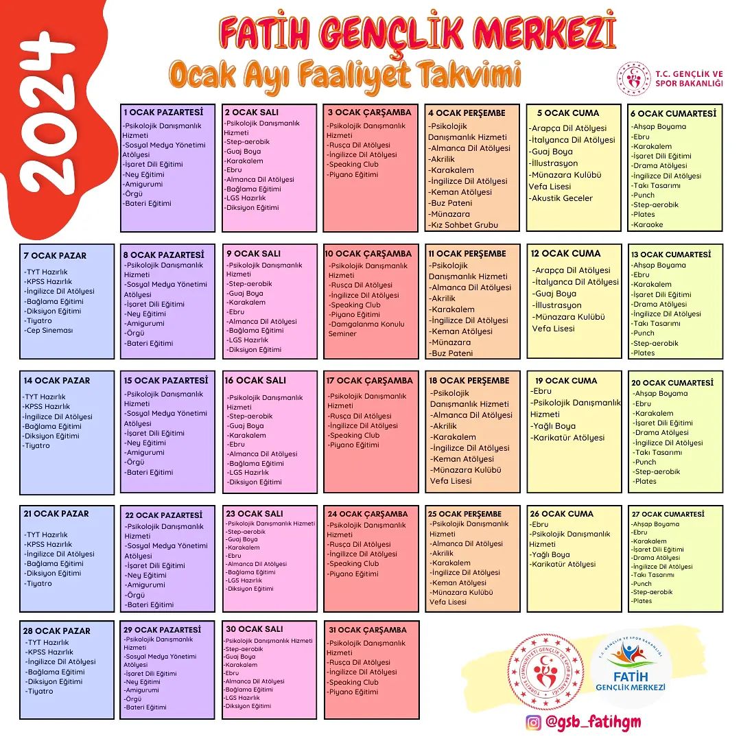 Fatih Gençlik Merkezi - Ocak Ayı Faaliyet Takvimi