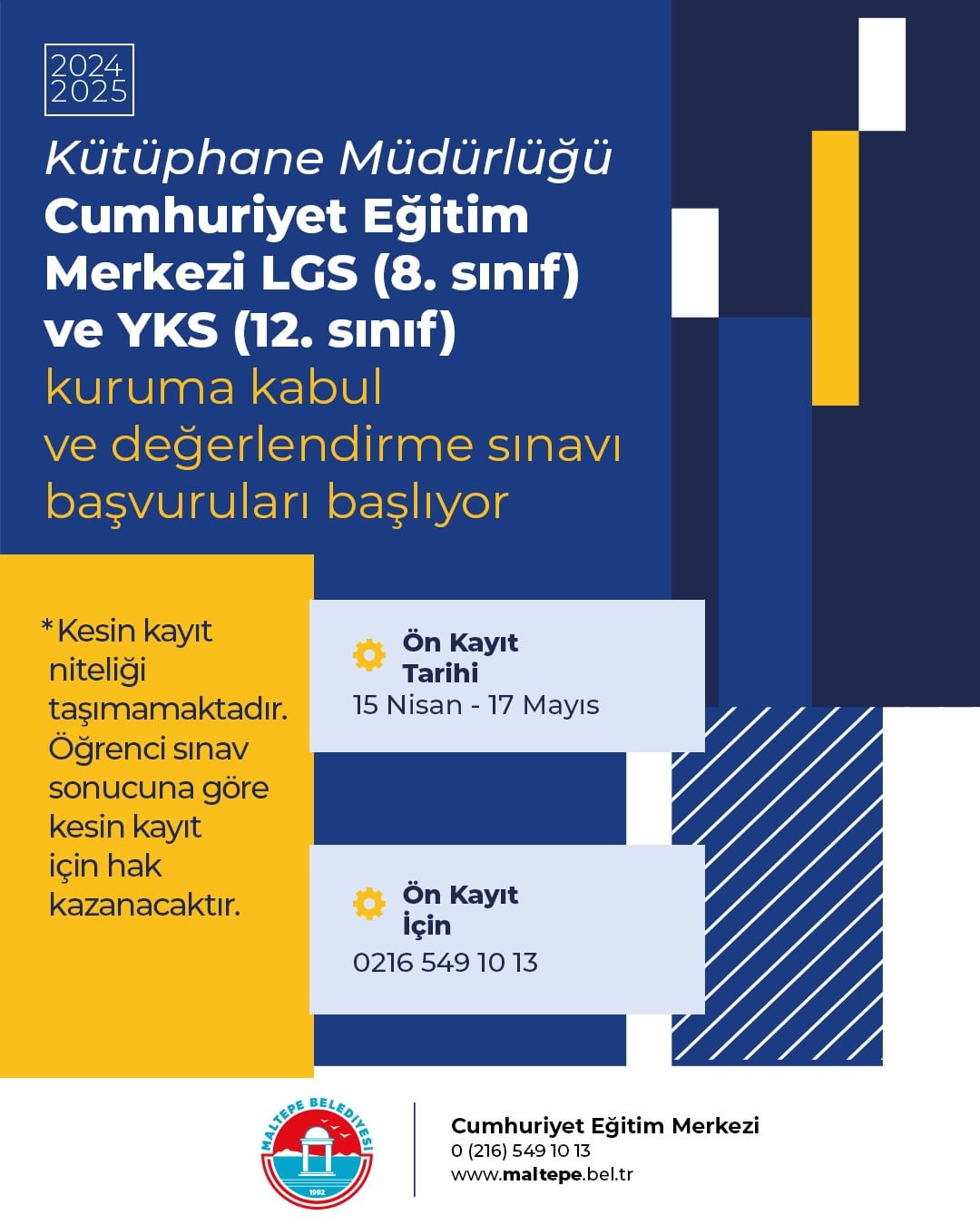 Maltepe Belediyesi - 2024-2025 Eğitim Yılı Hazırlık Kursları Kuruma Kabul ve Değerlendirme Sınavı Başvuruları