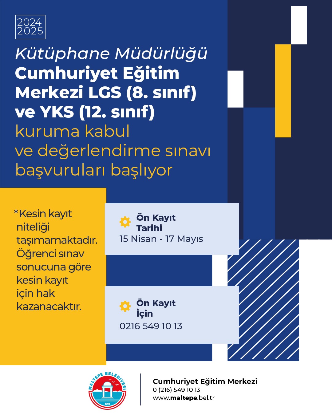 Maltepe Belediyesi - 2024-2025 Eğitim Yılı Hazırlık Kursları Kuruma Kabul ve Değerlendirme Sınavı Başvuruları