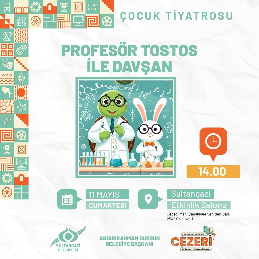 Çocuklaaar toplanın sizlere çok güzel bir tiyatro haberi ile geldik; 📣  “Profesör Tostos ile Davşan” adlı çocuk tiyatromuzu izlemeye bütün miniklerimizi davet ediyoruz.🍿🎭🐰