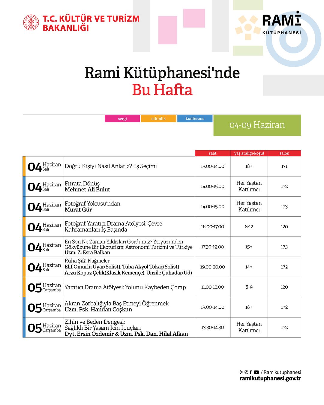 Rami Kütüphanesi - 04 Haziran - 09 Haziran Etkinlikleri