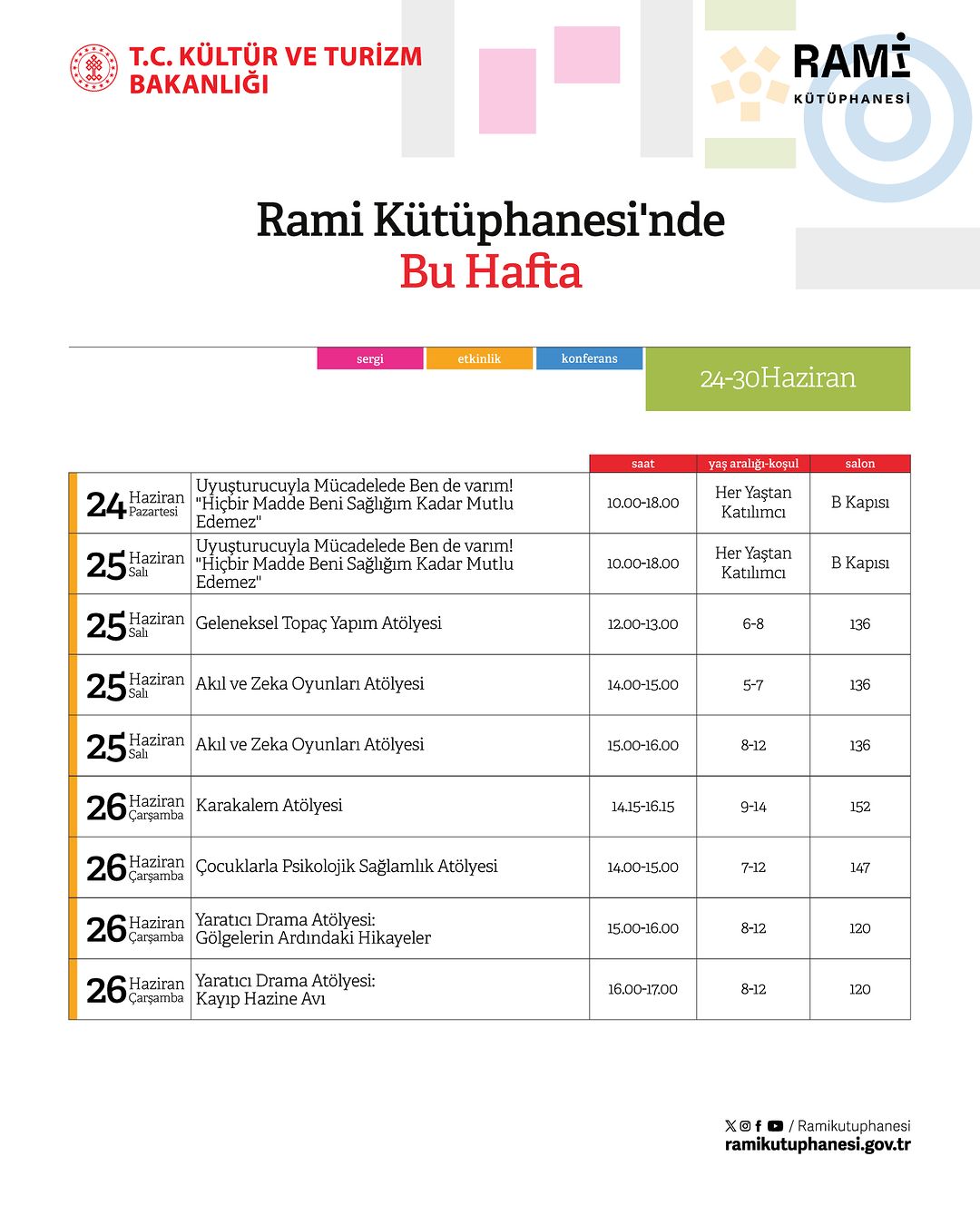Rami Kütüphanesi - 24 Haziran - 30 Haziran Tarihleri Etkinlikleri