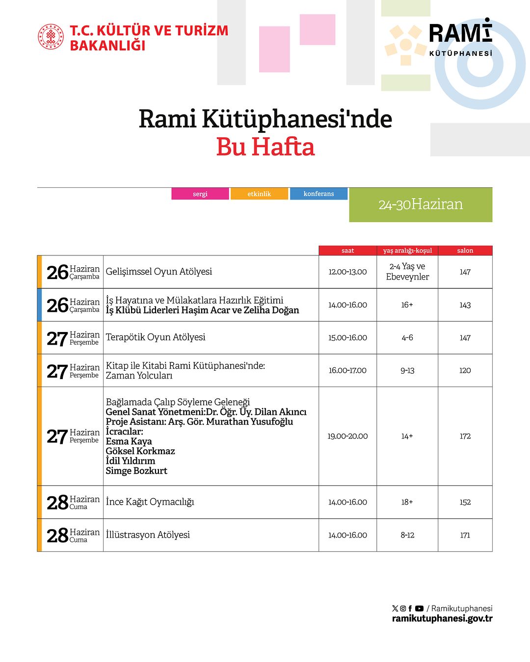 Rami Kütüphanesi - 24 Haziran - 30 Haziran Tarihleri Etkinlikleri