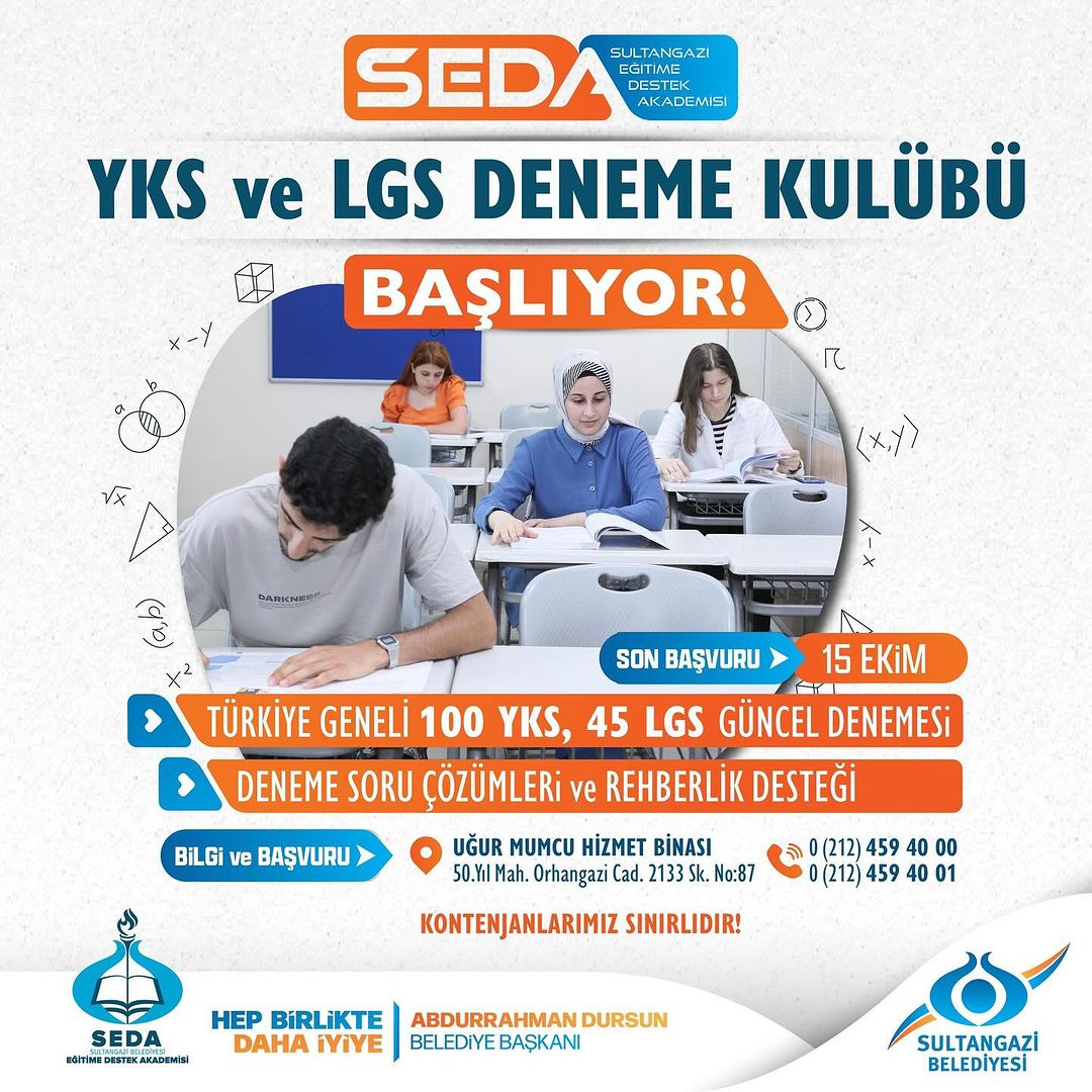 Sultangazi Belediyesi - Sultangazi Eğitime Destek Akademisi (SEDA) YKS ve LGS Deneme Kulübü Kayıtları 