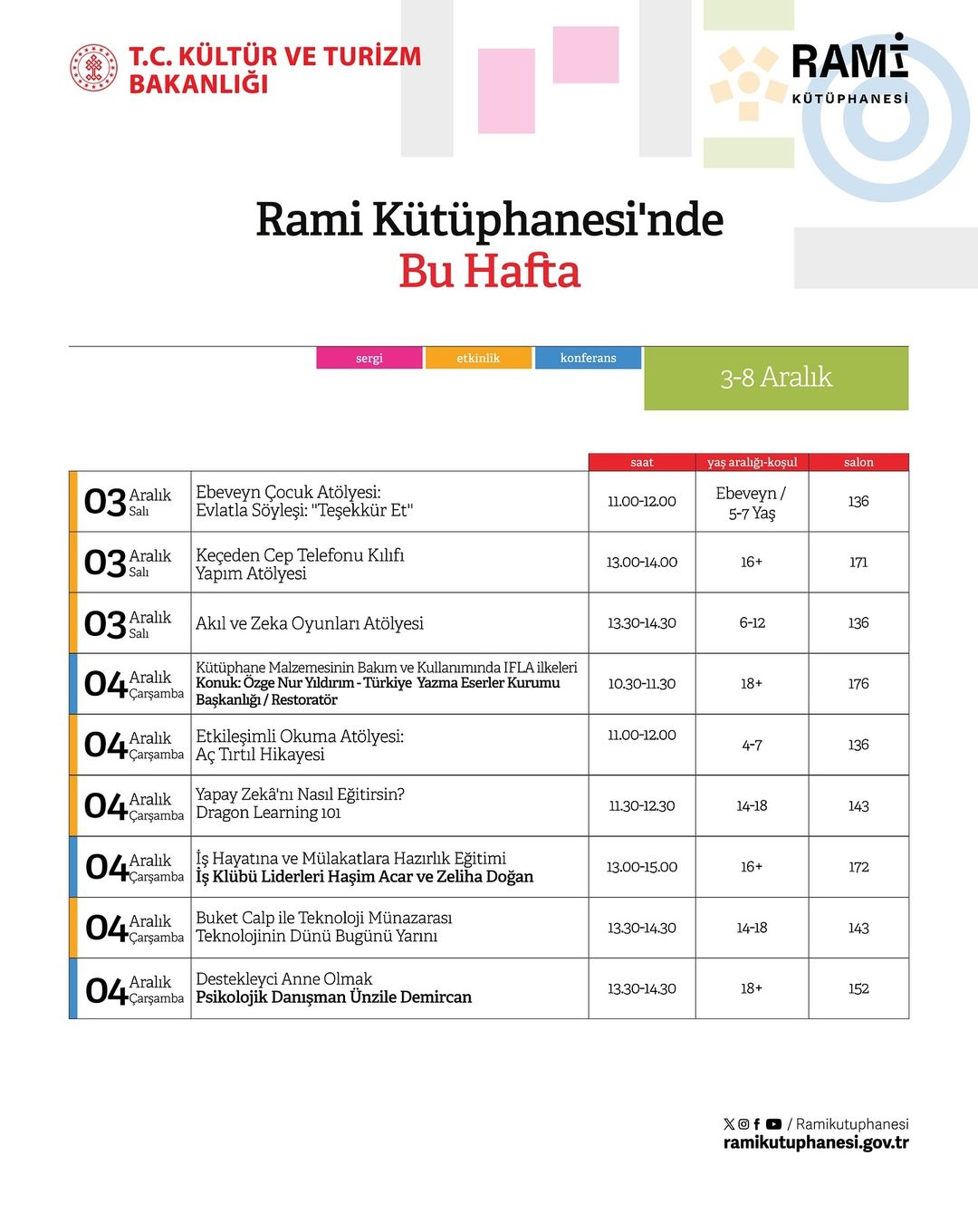 Rami Kütüphanesi - 03 - 08 Aralık Haftası Etkinlikleri