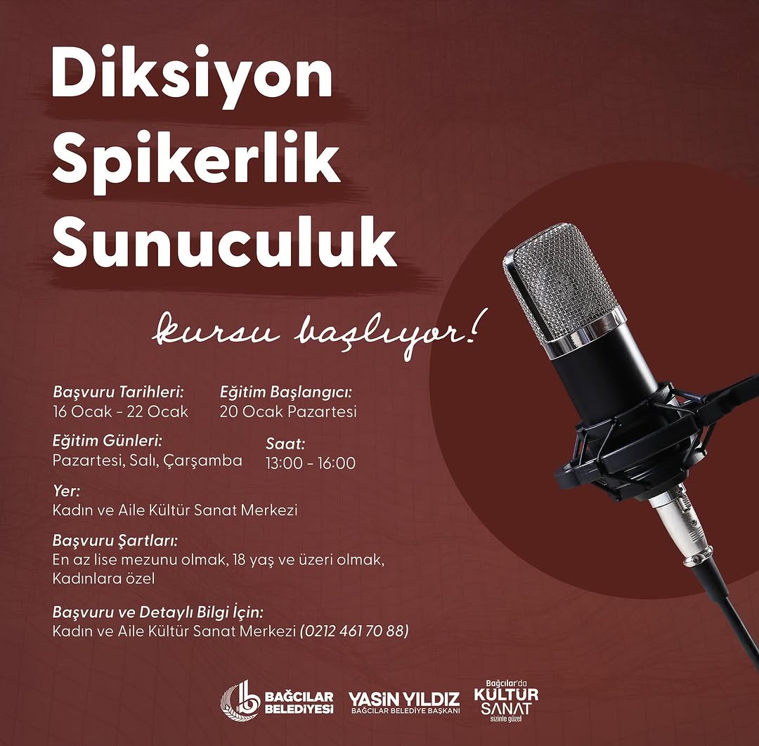 Bağcılar Belediyesi - Diksiyon, Spikerlik ve Sunuculuk Kursu Başvuruları